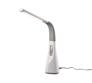 De Reality Tafellamp Vento is een moderne wit-grijze bureaulamp met een gebogen hals, aanraakbediening op de voet en een verlicht rechthoekig LED-lampje aan de bovenkant.