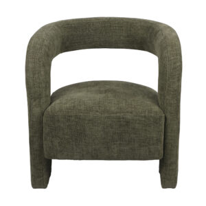 Vooraanzicht van de Fauteuil Numi in vintage groen, met een moderne tonvorm met een gebogen rugleuning en pluche zitkussen, bekleed met structuurstof.