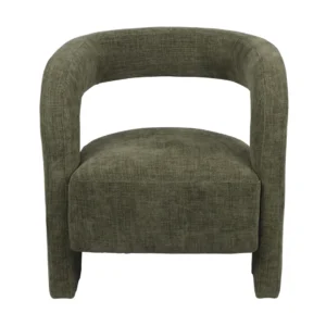 Vooraanzicht van de Fauteuil Numi in vintage groen, met een moderne tonvorm met een gebogen rugleuning en pluche zitkussen, bekleed met structuurstof.