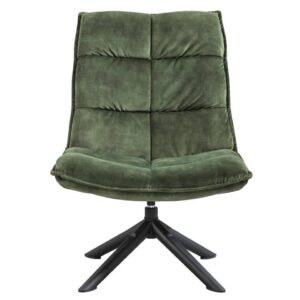 De Fauteuil Lucas - Fluweel Mosgroen is een moderne groen fluwelen draaistoel met een gecapitonneerde zitting en rugleuning, ondersteund door een zwart metalen onderstel met vier poten. Weergegeven met het gezicht naar voren tegen een witte achtergrond.