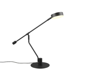 De TRIO Tafellamp Manduro is een moderne zwarte bureaulamp met een ronde voet en verstelbare arm, voorzien van een ronde lampenkap die zacht licht werpt tegen een effen witte achtergrond.