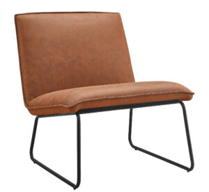 De Fauteuil James heeft een beklede zitting en rugleuning in cognac microleder, op een strak zwart metalen frame met sledestijl poten voor een moderne look.