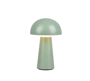 De REALITY Tafellamp LENNON is een moderne paddestoelvormige tafellamp met een matte pastelgroene afwerking, ronde kap en conische voet die een warme, zachte gloed uitstraalt.