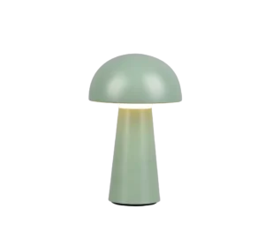 De REALITY Tafellamp LENNON is een moderne paddestoelvormige tafellamp met een matte pastelgroene afwerking, ronde kap en conische voet die een warme, zachte gloed uitstraalt.