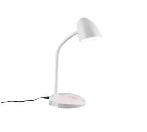 De Reality Tafellamp Load is een moderne witte bureaulamp met een gebogen hals, ronde voet en touchbediening. De lamp wordt ingeschakeld en straalt licht uit, met een zwart netsnoer dat uit de voet steekt.