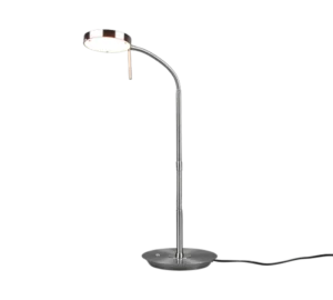 De TRIO Tafellamp Monza is een moderne metalen lamp met een ronde voet en een slanke gebogen hals die een platte ronde kop ondersteunt en zacht wit licht uitstraalt.