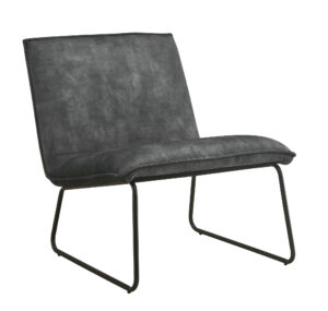 De Fauteuil James - Velvet Antraciet is een moderne accentstoel zonder armleuningen met een zwart metalen frame en een beklede zitting en rugleuning in donkergrijs fluweel.