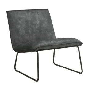 De Fauteuil James - Velvet Antraciet is een moderne accentstoel zonder armleuningen met een zwart metalen frame en een beklede zitting en rugleuning in donkergrijs fluweel.