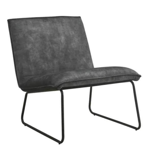 De Fauteuil James - Velvet Antraciet is een moderne accentstoel zonder armleuningen met een zwart metalen frame en een beklede zitting en rugleuning in donkergrijs fluweel.
