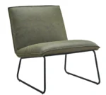 De Fauteuil James - Microleder Groen is een moderne armloze loungestoel met een olijfgroene microleder zitting en rugleuning, op een strak zwart metalen frame.