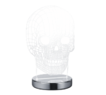 De REALITY Tafellamp SKULL heeft een 3D wireframe schedel verlicht in wit, rechtop staand op een ronde metalen voet voor een strakke, moderne look.