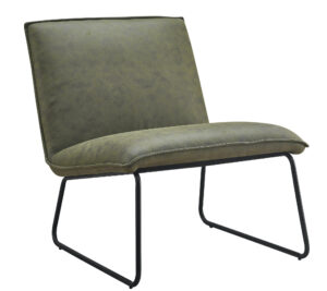 De Fauteuil James - Microleder Groen is een moderne armloze loungestoel met een olijfgroene microleder zitting en rugleuning, op een strak zwart metalen frame.