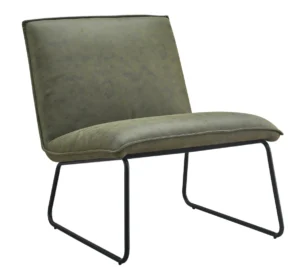De Fauteuil James - Microleder Groen is een moderne armloze loungestoel met een olijfgroene microleder zitting en rugleuning, op een strak zwart metalen frame.