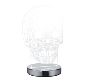 De REALITY Tafellamp SKULL heeft een 3D wireframe schedel verlicht in wit, rechtop staand op een ronde metalen voet voor een strakke, moderne look.