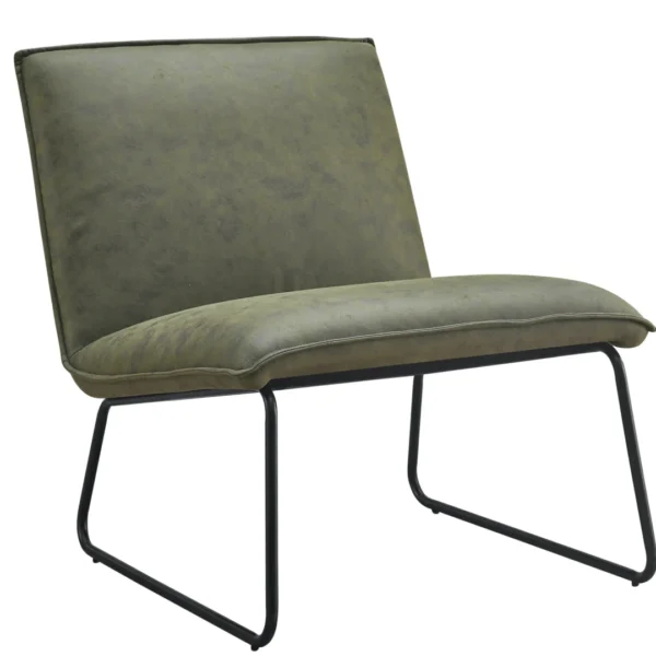 De Fauteuil James - Microleder Groen is een moderne armloze loungestoel met een olijfgroene microleder zitting en rugleuning, op een strak zwart metalen frame.