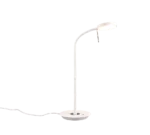 De TRIO Tafellamp Monza is een moderne witte lamp met een ronde voet, slanke gebogen stang en ronde verlichte kop. Afgebeeld tegen een effen witte achtergrond met het netsnoer dat uit de voet steekt.