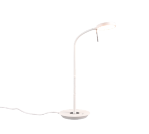 De TRIO Tafellamp Monza is een moderne witte lamp met een ronde voet, slanke gebogen stang en ronde verlichte kop. Afgebeeld tegen een effen witte achtergrond met het netsnoer dat uit de voet steekt.
