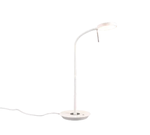 De TRIO Tafellamp Monza is een moderne witte lamp met een ronde voet, slanke gebogen stang en ronde verlichte kop. Afgebeeld tegen een effen witte achtergrond met het netsnoer dat uit de voet steekt.