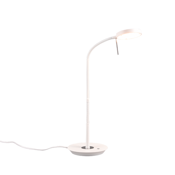 De TRIO Tafellamp Monza is een moderne witte lamp met een ronde voet, slanke gebogen stang en ronde verlichte kop. Afgebeeld tegen een effen witte achtergrond met het netsnoer dat uit de voet steekt.