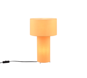 De TRIO Tafellamp Bale heeft een modern ontwerp met een cilindrische oranje voet en bijpassende ronde lampenkap. De lamp straalt een zachte gloed uit en heeft een zwart netsnoer tegen een effen witte achtergrond.