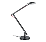 De TRIO Tafellamp AMSTERDAM is een moderne zwarte verstelbare bureaulamp met een ronde voet en kop, plus opvallende rode spankabels, afgebeeld tegen een grijze achtergrond.