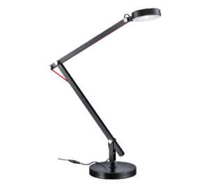 De TRIO Tafellamp AMSTERDAM is een moderne zwarte verstelbare bureaulamp met een ronde voet en kop, plus opvallende rode spankabels, afgebeeld tegen een grijze achtergrond.