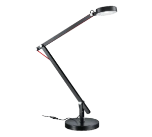 De TRIO Tafellamp AMSTERDAM is een moderne zwarte verstelbare bureaulamp met een ronde voet en kop, plus opvallende rode spankabels, afgebeeld tegen een grijze achtergrond.