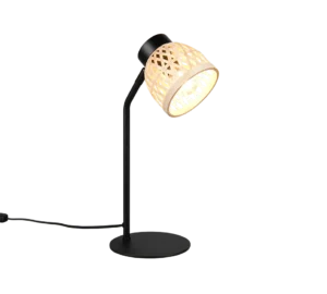 De REALITY Tafellamp LAURENT is een moderne zwarte bureaulamp met een geweven, mandvormige kap die warm licht uitstraalt. De lamp heeft een ronde voet, een licht gebogen standaard en een elektrisch snoer dat uit de voet steekt.