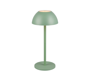 De REALITY Tafellamp RICARDO is een moderne matgroene tafellamp met een ronde voet, rechte steel en koepelvormige kap. Als hij aanstaat, straalt hij een zacht licht uit vanaf de bovenkant.