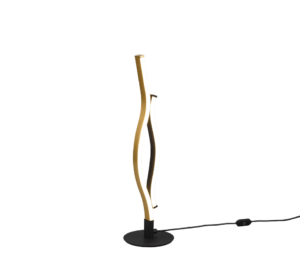 De TRIO Tafellamp Blaze heeft een minimalistisch ontwerp met een zwarte ronde voet en twee in elkaar verstrengelde golvende LED-strips: een gouden en een witte. Hij is plug-in met een zichtbaar zwart snoer en voegt moderne stijl toe aan elke ruimte.