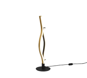 De TRIO Tafellamp Blaze heeft een minimalistisch ontwerp met een zwarte ronde voet en twee in elkaar verstrengelde golvende LED-strips: een gouden en een witte. Hij is plug-in met een zichtbaar zwart snoer en voegt moderne stijl toe aan elke ruimte.