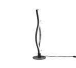 De TRIO Tafellamp Blaze heeft een modern, sculpturaal golfvormig ontwerp met een centrale verlichte strip en staat op een ronde voet tegen een witte achtergrond.