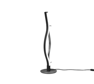 De TRIO Tafellamp Blaze heeft een modern, sculpturaal golfvormig ontwerp met een centrale verlichte strip en staat op een ronde voet tegen een witte achtergrond.