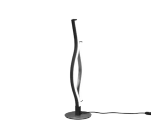 De TRIO Tafellamp Blaze heeft een modern, sculpturaal golfvormig ontwerp met een centrale verlichte strip en staat op een ronde voet tegen een witte achtergrond.