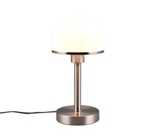 De TRIO Tafellamp Joost II is een moderne tafellamp met een geborstelde metalen voet en steel, voorzien van een ronde witte matglazen kap, afgebeeld verlicht op een witte achtergrond.
