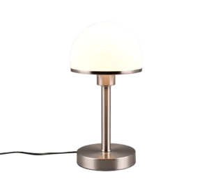 De TRIO Tafellamp Joost II is een moderne tafellamp met een geborstelde metalen voet en steel, voorzien van een ronde witte matglazen kap, afgebeeld verlicht op een witte achtergrond.