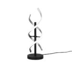 De TRIO Tafellamp Sequence heeft twee witte LED-strips die spiraalsgewijs rond een centrale zwarte standaard draaien, op een ronde zwarte voet met een zichtbaar netsnoer.