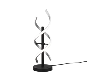 De TRIO Tafellamp Sequence heeft twee witte LED-strips die spiraalsgewijs rond een centrale zwarte standaard draaien, op een ronde zwarte voet met een zichtbaar netsnoer.