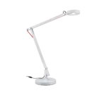 De TRIO Tafellamp Amsterdam is een moderne witte verstelbare bureaulamp met drie scharnierpunten, rode accentdraden, een ronde LED-kop en een ronde voet tegen een effen witte achtergrond.