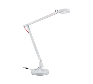 De TRIO Tafellamp Amsterdam is een moderne witte verstelbare bureaulamp met drie scharnierpunten, rode accentdraden, een ronde LED-kop en een ronde voet tegen een effen witte achtergrond.