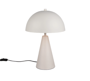 De TRIO Tafellamp ALFIE is een moderne witte tafellamp met een koepelvormige kap, conische voet en zwart elektrisch snoer.