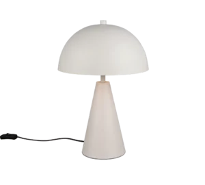 De TRIO Tafellamp ALFIE is een moderne witte tafellamp met een koepelvormige kap, conische voet en zwart elektrisch snoer.