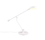 De TRIO Tafellamp Manduro is een moderne witte bureaulamp met een ronde voet, verstelbare arm, strak minimalistisch ontwerp, ronde lampenkap en zichtbaar netsnoer. Hij wordt ingeschakeld en straalt licht uit.