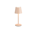 De Reality Tafellamp Diaz is een eenvoudige, moderne tafellamp met een beige cilindrische voet en bijpassende kegelvormige lampenkap, zacht verlicht tegen een witte achtergrond.