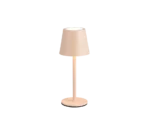 De Reality Tafellamp Diaz is een eenvoudige, moderne tafellamp met een beige cilindrische voet en bijpassende kegelvormige lampenkap, zacht verlicht tegen een witte achtergrond.
