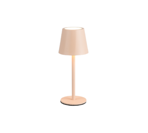 De Reality Tafellamp Diaz is een eenvoudige, moderne tafellamp met een beige cilindrische voet en bijpassende kegelvormige lampenkap, zacht verlicht tegen een witte achtergrond.