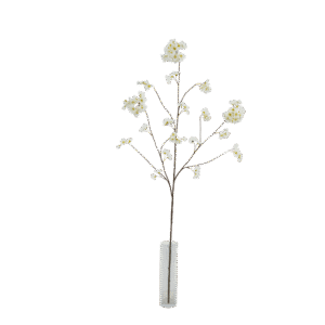 Een set van 3 "Bloesem tak creme 130cm" heeft lange, heldere stelen met trosjes delicate witte bloemen, perfect om in een glazen vaas te zetten.