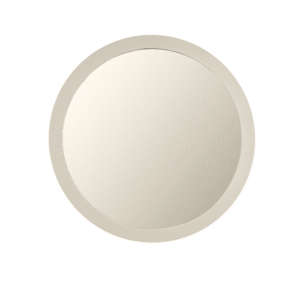 De Spiegel Dide is een ronde spiegel met een zandkleurige lijst van 60 cm tegen een witte achtergrond.