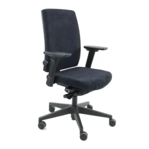 De Workliving Eva Comfort Zwart Regain - Bureaustoel Ergonomisch (N)EN 1335 is een zwarte ergonomische bureaustoel met verstelbare armleuningen, een zachte zitting en rugleuning en een onderstel met vijf wielen voor soepel bewegen op harde vloeren.