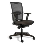 De Workliving Projectas V1 Mesh Black Edition bureaustoel (N)EN 1335 heeft een ergonomisch ontwerp met netrugleuning, gevoerde zitting, verstelbare armleuningen en een onderstel met vijf wielen, afgebeeld in een hoek tegen een witte achtergrond.